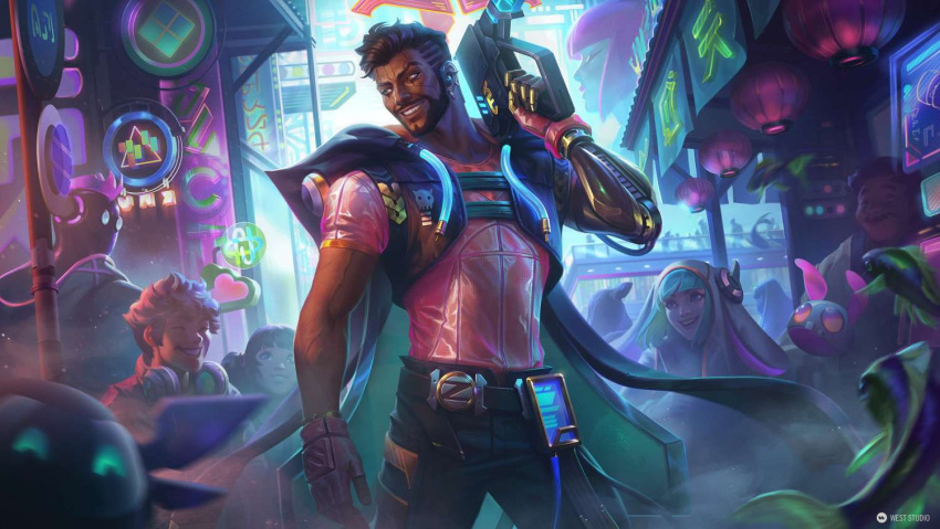 akshan_(league_of_legends) alternate_costume android beard biceps cape city city_lights compression_shirt cyber_pop_akshan cyberpunk dark-skinned_male dark_skin day ear_piercing earrings facial_hair fantasy feet_out_of_frame fingerless_gloves gloves gun jewelry league_of_legends leather leather_belt logo looking_to_the_side male_focus mature_male multiple_boys multiple_girls muscular muscular_male neon_lights outdoors pants piercing prosthesis prosthetic_arm road road_sign shirt short_hair short_sleeves sign smile street sun sunlight teeth weapon west_studio