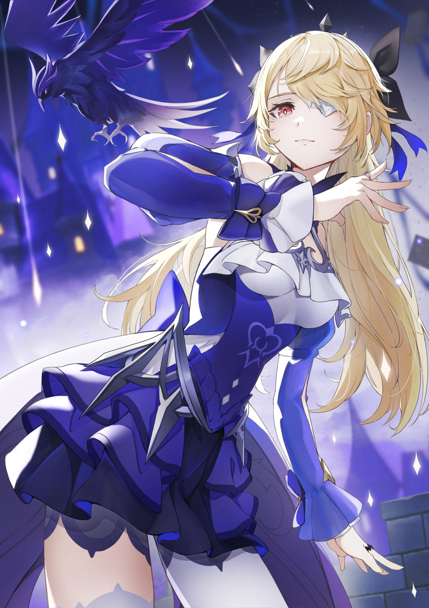 1girl arm_at_side bangs bare_shoulders bird black_ribbon blonde_hair blue_ribbon castle closed_mouth cowboy_shot detached_sleeves dress dutch_angle eyepatch fischl_(ein_immernachtstraum)_(genshin_impact) fischl_(genshin_impact) frilled_dress frills genshin_impact hair_over_one_eye hair_ribbon hand_up highres jewelry juliet_sleeves leaning_to_the_side long_hair long_sleeves marumoru official_alternate_costume oz_(genshin_impact) pantyhose puffy_sleeves purple_dress purple_sleeves red_eyes ribbon ring single_leg_pantyhose single_thighhigh solo standing swept_bangs thigh-highs tiara wall white_pantyhose white_thighhighs