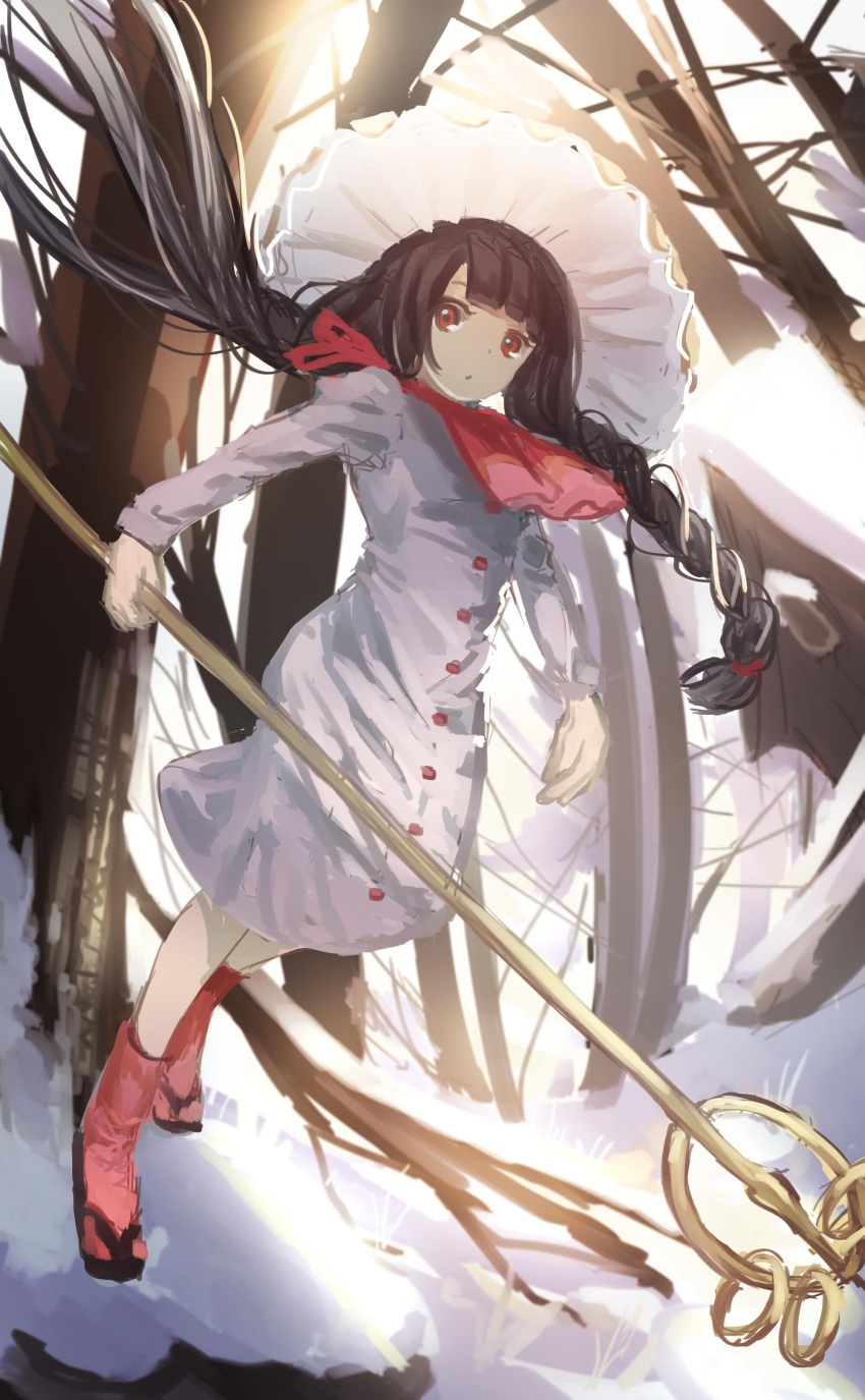 1girl absurdres ajirogasa black_hair braid buttons capelet dress full_body grey_dress hat highres holding long_hair long_sleeves parted_lips red_capelet red_eyes red_socks sly930105 snow socks solo touhou tree twin_braids yatadera_narumi