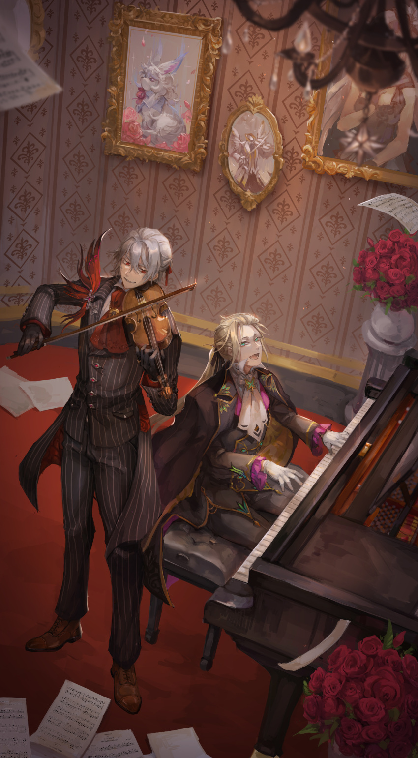 2boys absurdres antonio_salieri_(fate) antonio_salieri_(second_ascension)_(fate) ascot black_gloves black_ribbon blonde_hair blurry blurry_foreground bow_(music) brooch chandelier coat coat_on_shoulders coattails cross fang fate/grand_order fate_(series) fleur_de_lis flower formal fou_(fate) frilled_sleeves frills gloves green_eyes grey_hair hair_between_eyes hair_intakes hair_ribbon hakuyo_99 highres indoors instrument jewelry light_particles long_hair long_sleeves looking_at_another male_focus marie_antoinette_(fate) marie_antoinette_(formal_dress)_(fate) multiple_boys music open_mouth piano piano_bench pillar pinstripe_pattern pinstripe_suit playing_instrument playing_piano ponytail portrait_(object) red_ascot red_eyes red_flower red_ribbon red_rose ribbon rose sheet_music short_hair sitting skin_fang slit_pupils smile standing striped suit vase violin white_ascot white_gloves wolfgang_amadeus_mozart_(fate)