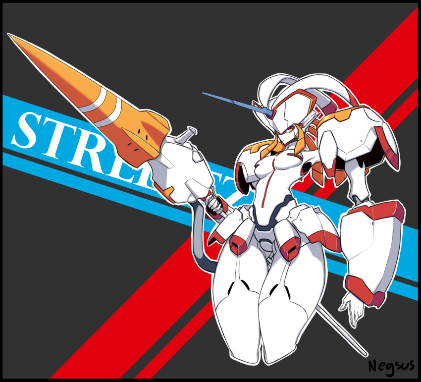 1girl absurdres armor breasts colored_skin curvy darling_in_the_franxx highres horns humanoid_robot mecha_musume medium_breasts negsus no_nipples polearm red_eyes robot shoulder_armor single_horn solo spear strelizia thick_thighs thighs weapon white_skin