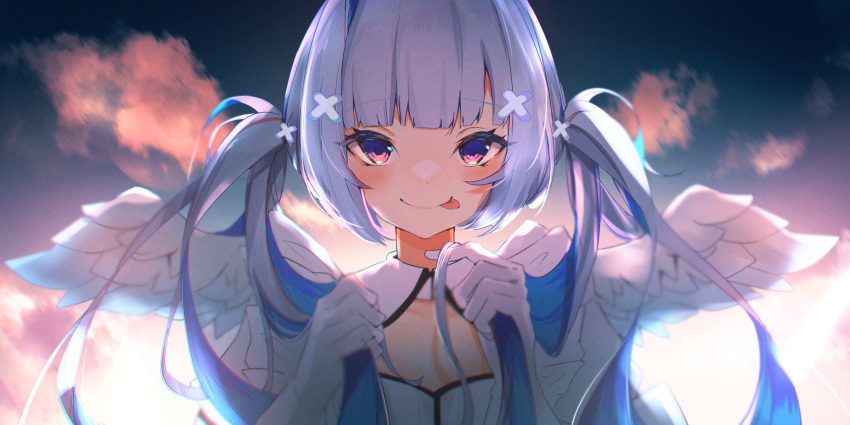 1girl :q amane_kanata angel angel_wings bangs blue_hair blunt_bangs blush bunching_hair colored_inner_hair feathered_wings flat_chest gloves grey_hair hair_ornament hairclip highres hololive long_hair looking_at_viewer lotion multicolored_hair official_alternate_costume skirt solo sui._(suikun) sunscreen tongue tongue_out twintails violet_eyes virtual_youtuber white_gloves white_skirt white_wings wings