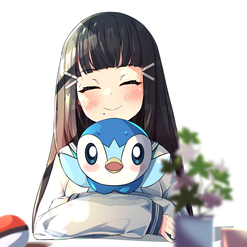 1girl absurdres bangs black_hair blunt_bangs blush blush_stickers closed_eyes commission crossed_arms hair_ornament hairclip highres holding holding_pokemon kurosawa_dia long_hair long_sleeves love_live! love_live!_sunshine!! mole mole_under_mouth piplup pixiv_request plant poke_ball pokemon pokemon_(creature) potted_plant school_uniform serafuku smile solo woruta_(soloistlist)