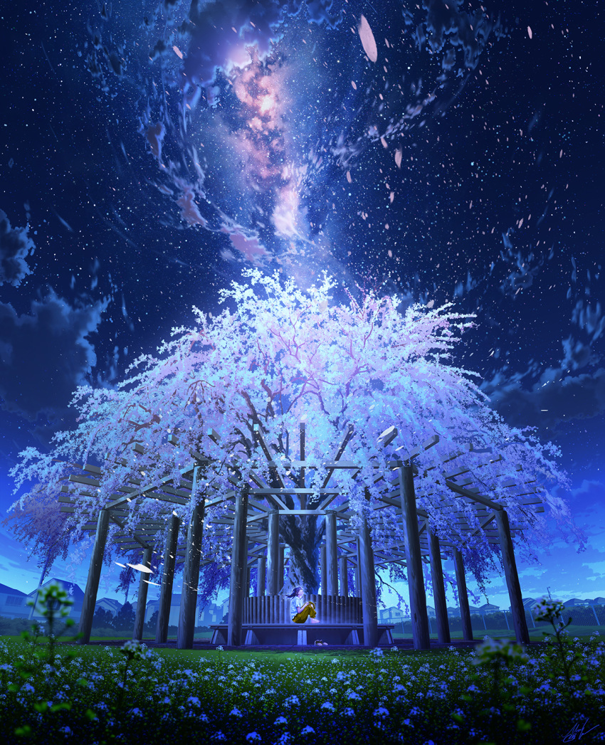 1girl blue_flower blue_hair brown_pants cherry_blossoms clouds cloudy_sky commentary_request field flower flower_field highres house knees_up lamppost long_hair looking_away milky_way mocha_(cotton) night night_sky original outdoors pants petals scenery shirt short_sleeves sitting sky solo star_(sky) starry_sky tree white_shirt window
