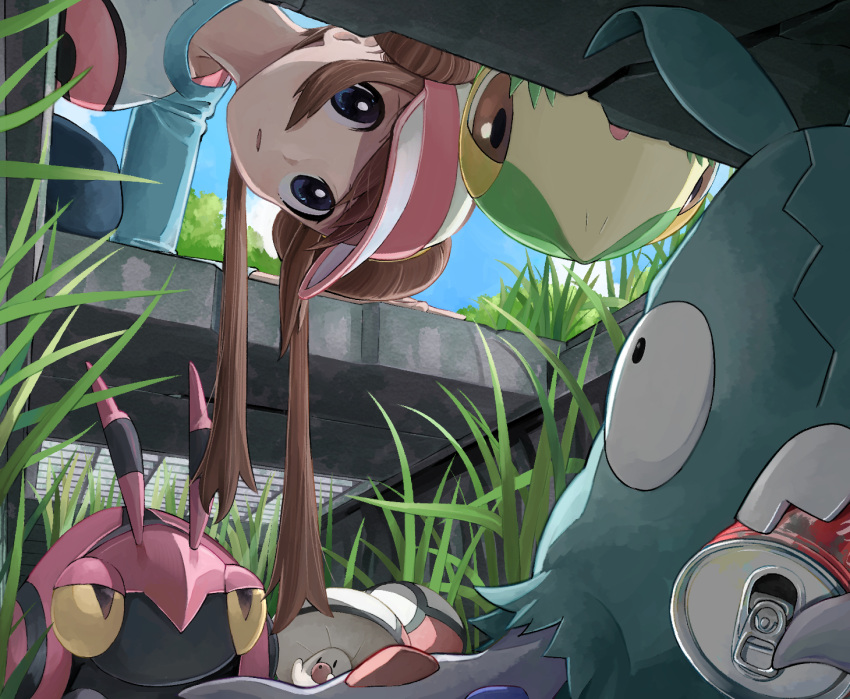 1girl black_pantyhose blue_eyes bright_pupils brown_hair can clouds commentary_request day double_bun doughnut_hair_bun foongus from_below grass hair_bun highres long_hair looking_down mukiguri outdoors pantyhose pokemon pokemon_(creature) pokemon_(game) pokemon_bw2 rosa_(pokemon) shirt sky snivy trubbish twintails venipede visor_cap white_pupils