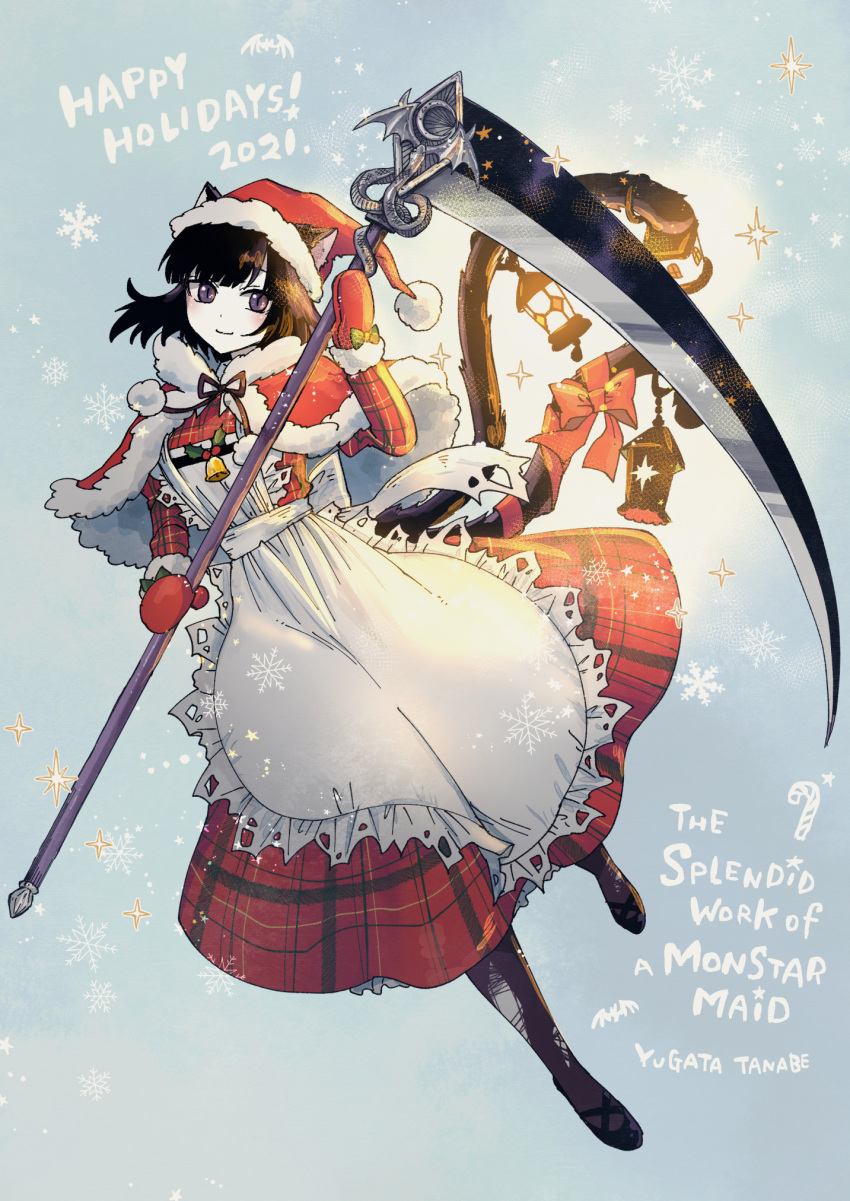 1girl 2021 animal_ears apron artist_name bangs bell black_hair bow capelet cat_ears cat_girl cat_tail copyright_name dress fur-trimmed_capelet fur-trimmed_headwear fur_trim happy_holidays hat hgr_(higure) highres holding holding_scythe holding_with_tail holly jingle_bell juliet_sleeves kaibutsu_maid_no_kareinaru_oshigoto lantern long_sleeves mittens monster_girl nekomata plaid plaid_dress pom_pom_(clothes) prehensile_tail puffy_sleeves ribbon santa_hat scythe short_hair slit_pupils smile snowflakes sumire_(kaibutsu_maid) tail tail_bow tail_ornament tail_ribbon violet_eyes youkai