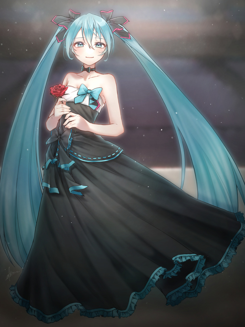 1girl absurdres after0217 aqua_bow aqua_eyes aqua_hair bangs bare_arms bare_shoulders black_bow black_dress bow bow_choker choker closed_mouth dress evening_gown flower formal frilled_dress frills full_body hair_between_eyes hatsune_miku highres holding holding_flower long_dress looking_at_viewer miku_symphony_(vocaloid) no_nose red_flower red_rose rose smile solo standing strapless strapless_dress twintails vocaloid