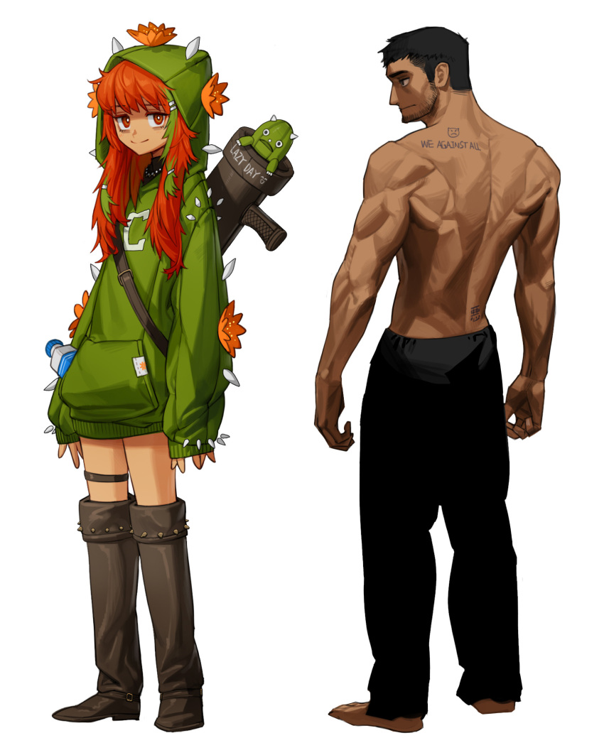 1boy 1girl back back_tattoo barefoot black_eyes black_hair boots bottle bright_pupils brown_footwear cactus closed_mouth creature dark-skinned_male dark_skin english_text facial_hair flower green_hair green_hoodie grey_background gun hair_ornament hairclip highres hood hood_up hoodie long_hair looking_at_viewer multicolored_eyes multicolored_hair muscular muscular_male orange_eyes orange_flower orange_hair original red_eyes rinotuna scratches sideburns simple_background sleeves_past_wrists smile spikes standing tattoo thigh_strap water_bottle weapon weapon_on_back white_pupils
