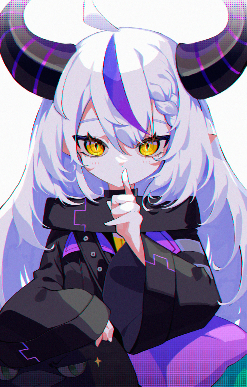1girl absurdres ahoge black_horns braid chromatic_aberration closed_mouth diamond-shaped_pupils diamond_(shape) finger_to_mouth grey_background grey_hair highres hololive holox horns la+_darknesss long_hair long_sleeves multicolored_hair pointy_ears purple_hair rima_rima_ri shushing simple_background sleeves_past_wrists solo streaked_hair symbol-shaped_pupils virtual_youtuber wide_sleeves yellow_eyes