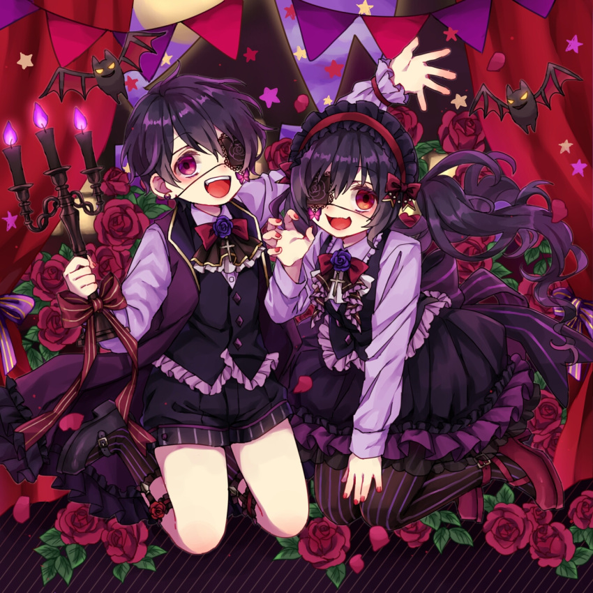 1boy 1girl bat_(animal) black_hair bug butterfly candle candlelight candlestand dress eyepatch flower gothic gothic_lolita highres lolita_fashion long_hair long_sleeves looking_at_viewer nail_polish one_eye_covered original purple_butterfly red_eyes red_flower rii_(pixiv11152329) rose short_hair shorts siblings twins violet_eyes wavy_hair