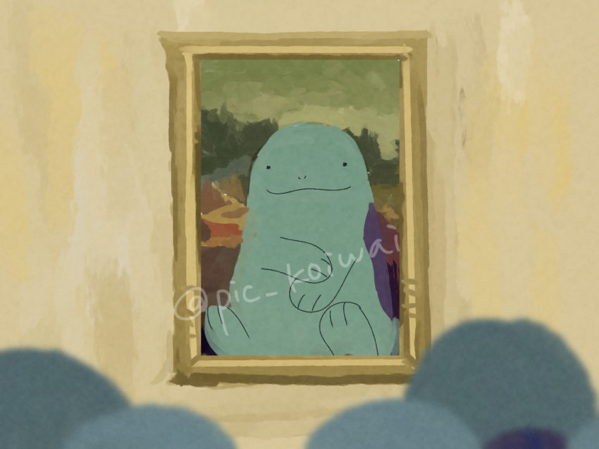 animal_focus commentary crowd fine_art_parody indoors looking_at_viewer mona_lisa no_humans painting_(object) parody pic_koiwai pokemon pokemon_(creature) quagsire smile twitter_username