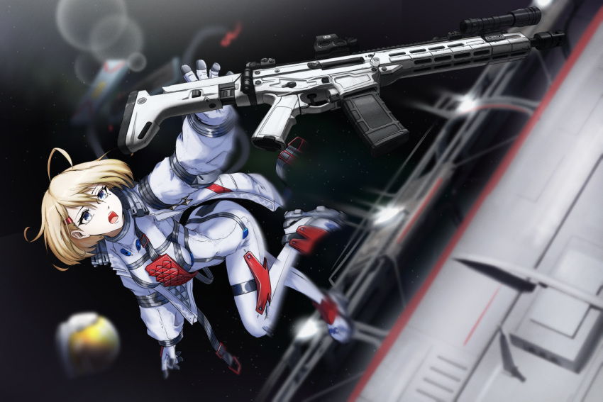 1girl acr_(girls'_frontline) acr_(search_in_the_stars)_(girls'_frontline) ahoge assault_rifle astronaut blonde_hair blue_eyes bodysuit breasts bushmaster_acr girls_frontline gun haonfest headwear_removed helmet helmet_removed jacket long_sleeves magazine_(object) medium_breasts open_clothes open_jacket rifle short_hair space space_helmet spacesuit weapon white_bodysuit white_helmet white_jacket