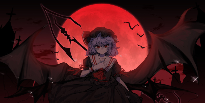 1girl absurdres alternate_color aran_(limi) ascot bat_(animal) bat_wings black_headwear black_shirt black_skirt closed_mouth collared_shirt full_moon hair_between_eyes hand_on_own_chest hat hat_ribbon highres looking_at_viewer medium_hair mob_cap moon multiple_wings night polearm_behind_back red_ascot red_eyes red_moon red_ribbon remilia_scarlet ribbon shirt skirt slit_pupils smug solo sparkle spear_the_gungnir tombstone touhou violet_eyes wings wrist_cuffs