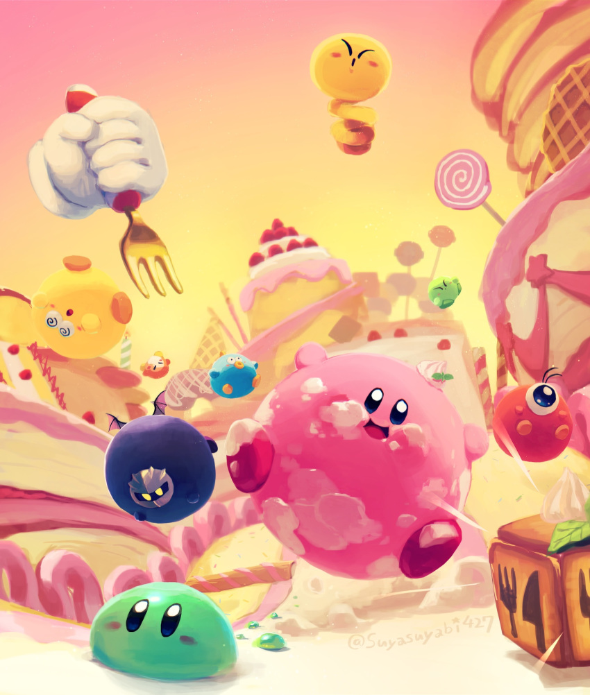 bat_wings blue_skin blush_stickers candle candy colored_skin cosplay disembodied_limb food food_on_face fork fruit green_skin highres holding holding_fork ice_cream icing kirby kirby's_dream_buffet kirby_(series) knife lollipop mask meta_knight meta_knight_(cosplay) no_humans orb pancake pink_skin smile strawberry suyasuyabi twitter_username waddle_dee waddle_doo waffle wings yellow_skin