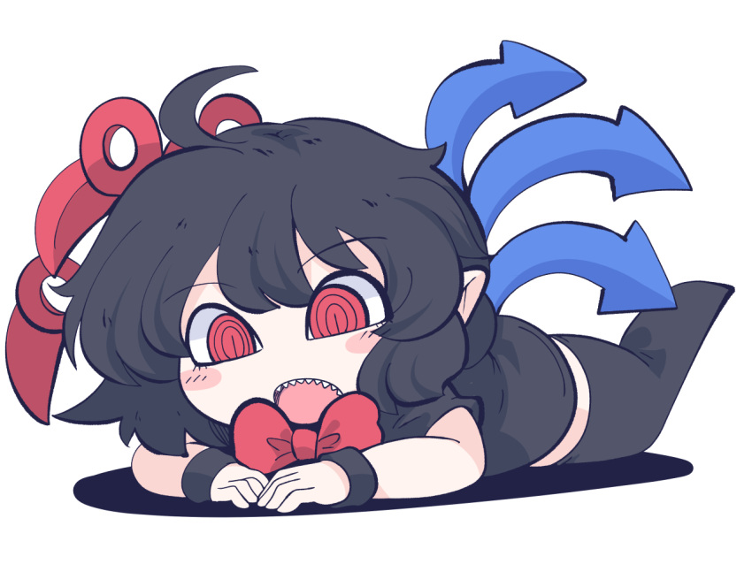 1girl ahoge asymmetrical_wings black_dress black_hair black_thighhighs blue_wings blush_stickers dress fried_rice0614 hair_between_eyes houjuu_nue lying on_stomach one-hour_drawing_challenge open_mouth red_eyes red_wings sharp_teeth short_hair short_sleeves simple_background solo teeth thigh-highs touhou white_background wings