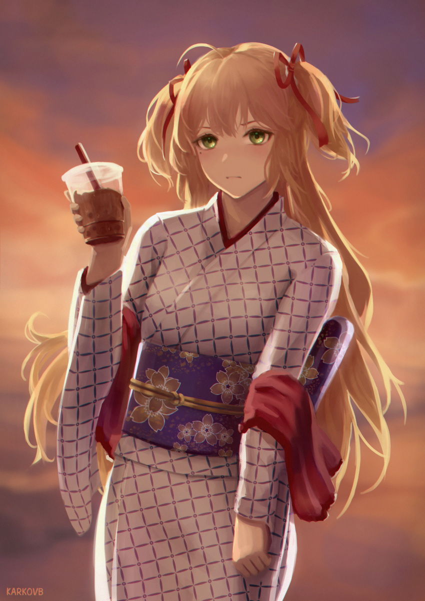 1girl absurdres admiral_hipper_(azur_lane) admiral_hipper_(sunshine_by_the_hot_spring)_(azur_lane) azur_lane blonde_hair bubble_tea cup disposable_cup drink drinking_straw english_commentary floral_print green_eyes hair_ribbon highres holding holding_cup holding_drink japanese_clothes karkovb152 kimono looking_at_viewer official_alternate_costume purple_sash red_ribbon ribbon sash solo sunset upper_body