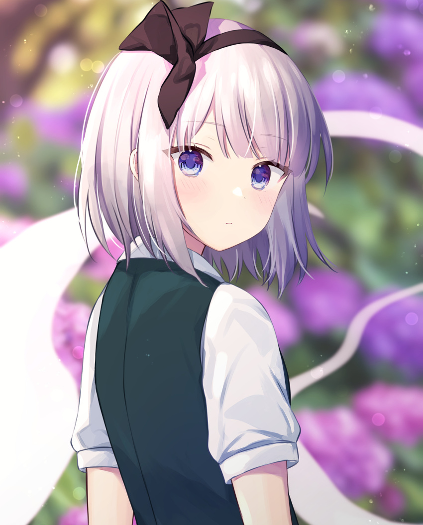 1girl black_hairband blurry blurry_background closed_mouth flower from_behind ghost grey_hair hairband highres konpaku_youmu konpaku_youmu_(ghost) purin_jiisan purple_flower short_hair short_sleeves solo touhou upper_body