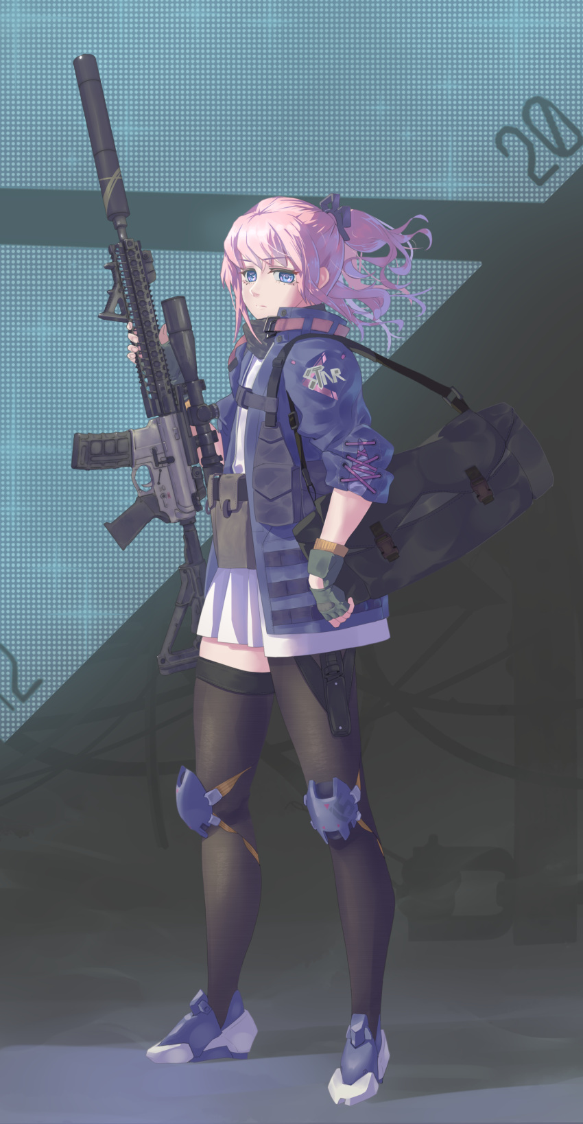1girl absurdres ar-15 bag blue_eyes closed_mouth commentary_request dress expressionless fingerless_gloves full_body girls_frontline gloves gun hair_ornament highres holding holding_weapon jacket knee_pads long_hair looking_at_viewer looking_to_the_side one_side_up pink_hair rifle shu70077 sidelocks single_thighhigh solo st_ar-15_(girls'_frontline) standing thigh-highs weapon