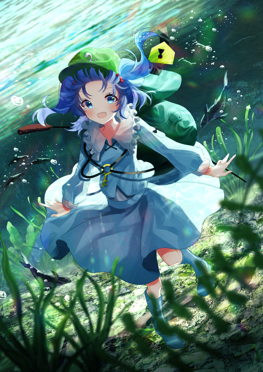 1girl :d absurdres backpack bag bangs blue_eyes blue_footwear blue_hair blue_shirt blue_skirt boots bubble collarbone fish full_body green_headwear hair_bobbles hair_ornament hat highres kawashiro_nitori key long_sleeves looking_at_viewer mob_cap nettian51 open_mouth outdoors reeds rubber_boots shirt short_hair skirt smile solo touhou two_side_up underwater