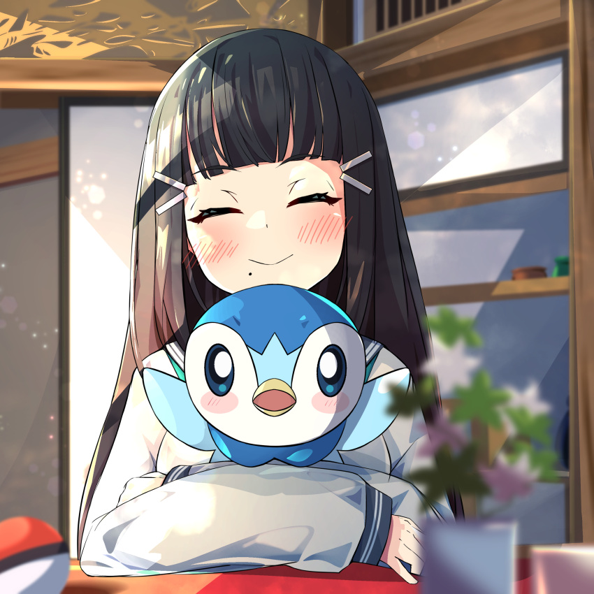 1girl absurdres bangs black_hair blunt_bangs blush blush_stickers closed_eyes commission crossed_arms hair_ornament hairclip highres holding holding_pokemon indoors kurosawa_dia long_hair long_sleeves love_live! love_live!_sunshine!! mole mole_under_mouth piplup pixiv_request plant poke_ball pokemon pokemon_(creature) potted_plant school_uniform serafuku shelf smile solo woruta_(soloistlist)