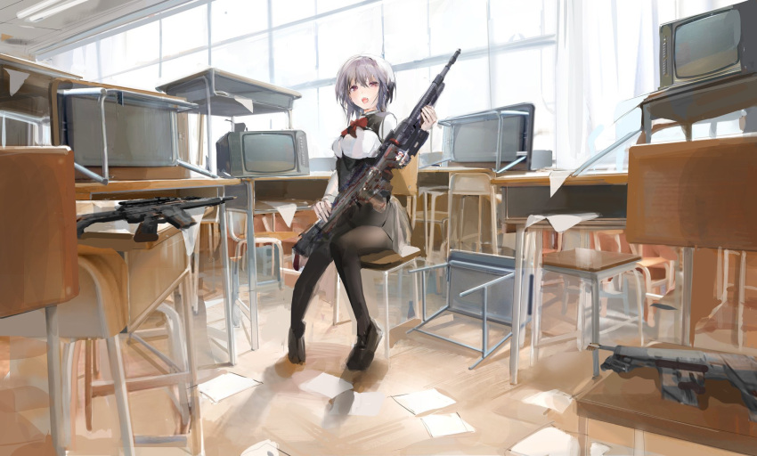 :d bangs black_corset black_footwear black_pants black_skirt bow bowtie breasts ceiling_light chair classroom corset curtains day desk dot_nose grey_hair gun hair_between_eyes highres holding holding_gun holding_weapon indoors korean_commentary loafers looking_at_viewer medium_breasts medium_hair open_mouth original pants paper pink_eyes red_bow red_bowtie rifle school_chair school_desk shirt shoes sitting skirt smile teeth television upper_teeth weapon white_curtains white_shirt window yunara