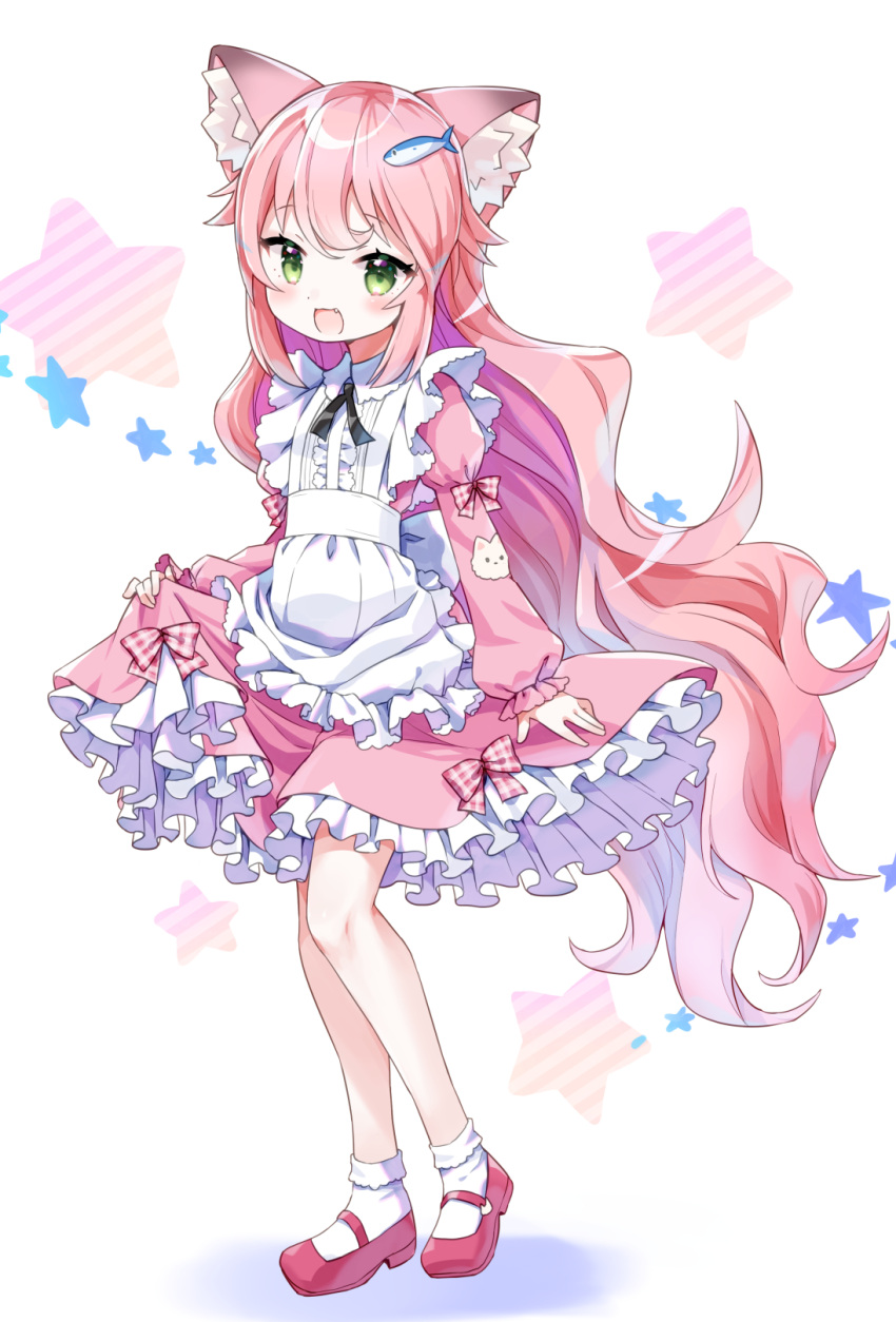 1girl :d amimi animal_ear_fluff animal_ears apron cat_ears cat_girl commission dress fang fish_hair_ornament frilled_dress frills full_body green_eyes hair_ornament highres long_hair long_sleeves looking_at_viewer maid maid_apron mary_janes original pink_dress pink_footwear pink_hair pink_theme shoes skeb_commission skirt_hold smile very_long_hair