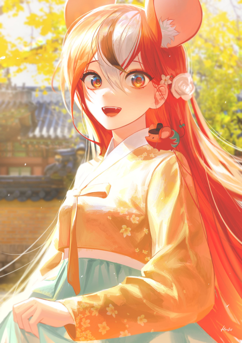1girl :d absurdres alternate_costume animal_ear_fluff animal_ears bangs commentary extra_ears fangs floral_print flower hair_between_eyes hair_down hair_flower hair_ornament hakos_baelz hanbok handot_(d_yot_) highres hololive hololive_english korean_clothes long_hair long_sleeves looking_at_viewer mouse mouse_ears mr._squeaks_(hakos_baelz) multicolored_hair open_mouth orange_eyes redhead smile solo upper_body virtual_youtuber white_hair