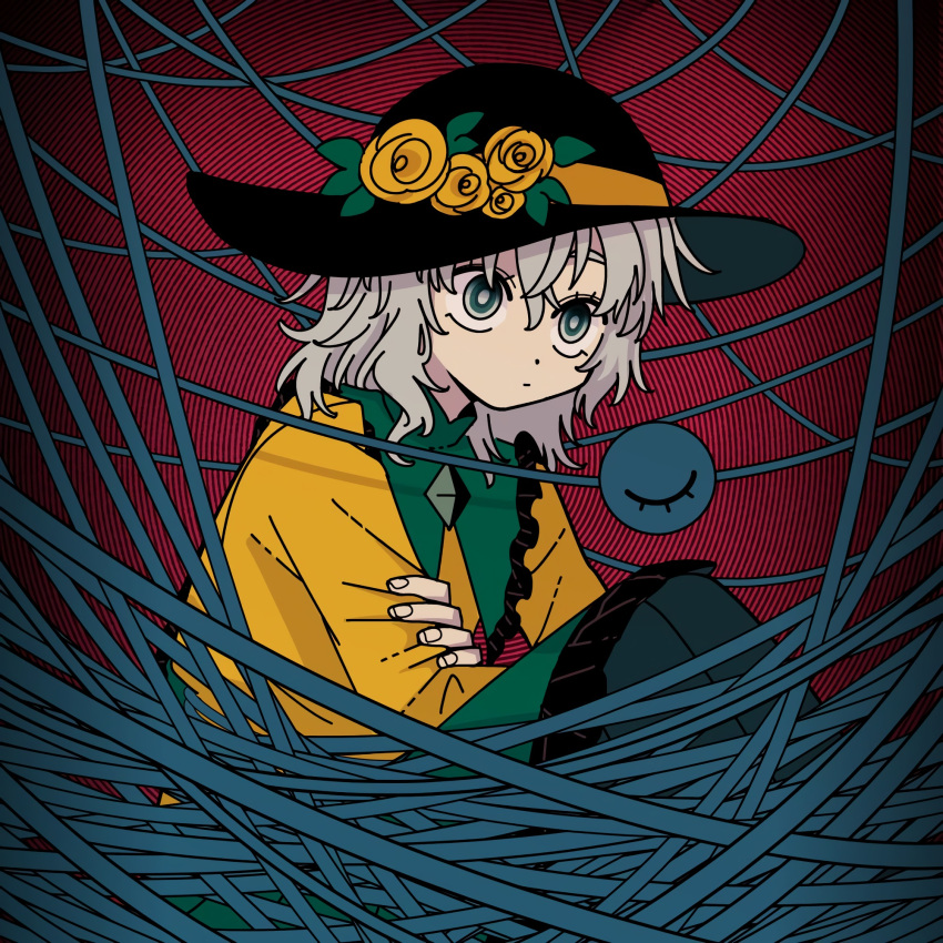1girl :| bad_id bad_pixiv_id black_headwear black_pantyhose blouse bright_pupils closed_mouth commentary expressionless fingernails flower frilled_shirt_collar frills green_eyes hair_between_eyes hat hat_flower highres holding_own_arm komeiji_koishi leaf light_green_hair long_sleeves looking_afar medium_hair pantyhose rose safe3133 shirt sitting solo symbol-only_commentary third_eye touhou white_pupils yellow_flower yellow_rose yellow_shirt