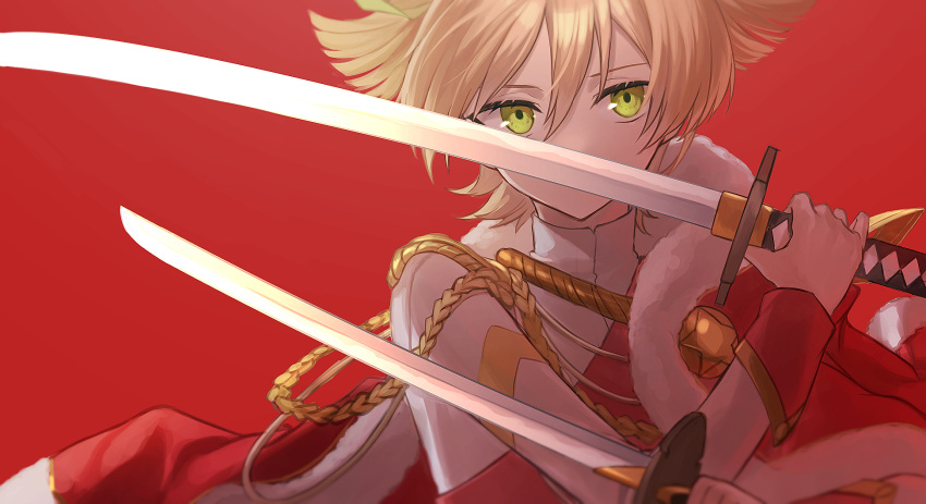 1girl aiguillette bangs blonde_hair blurry commentary_request covered_mouth daiba_nana depth_of_field dual_wielding epaulettes fur-trimmed_jacket fur_trim green_eyes green_ribbon hair_between_eyes hair_ribbon hands_up highres holding holding_sword holding_weapon jacket jacket_on_shoulders katana long_sleeves looking_at_viewer otoshiro_kosame red_background red_jacket red_sash ribbon sash short_hair short_twintails shoujo_kageki_revue_starlight shoulder_sash simple_background solo sword twintails upper_body weapon white_jacket