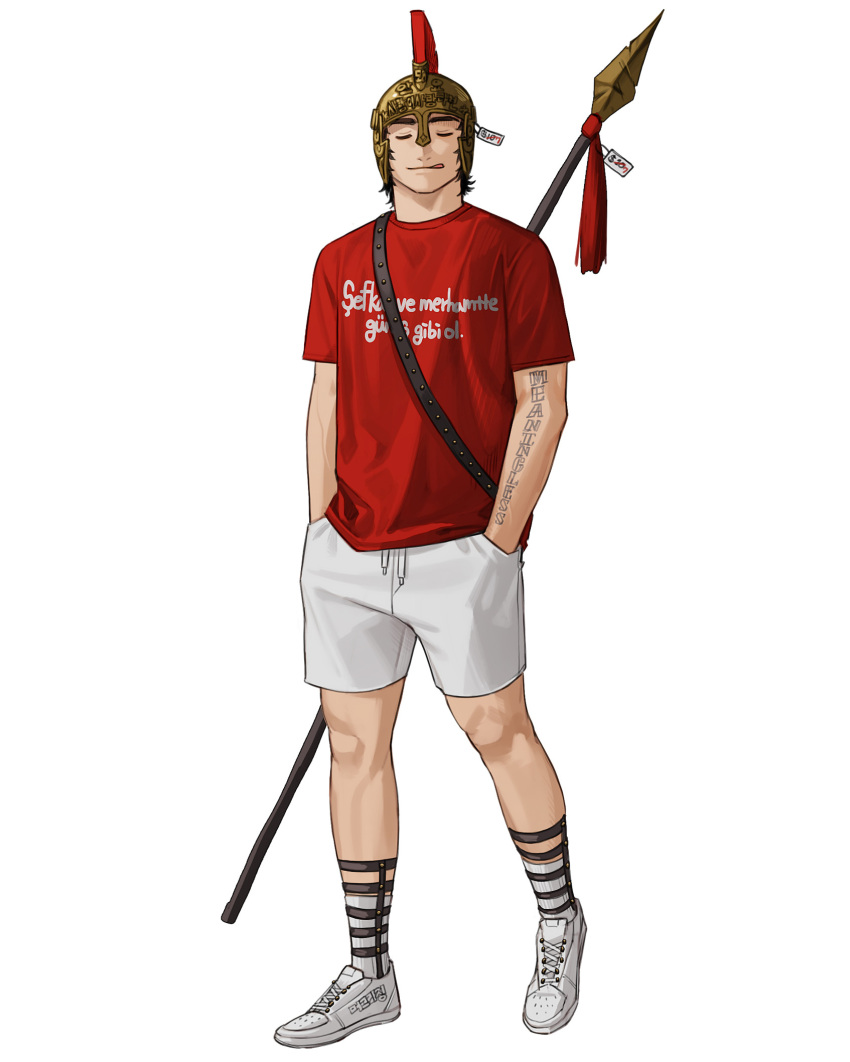 1boy closed_eyes full_body hands_in_pockets helmet highres original polearm print_shirt red_shirt rinotuna shirt shoes shorts simple_background socks solo spear walking weapon white_background white_footwear white_shorts white_socks