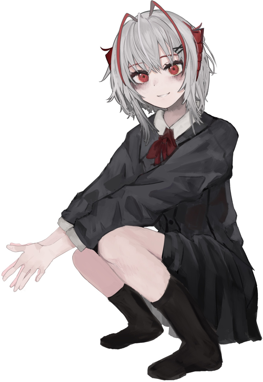 1girl arknights bangs black_shirt black_skirt black_socks bow collared_shirt commentary_request eyebrows_hidden_by_hair full_body grey_hair hair_between_eyes highres long_sleeves looking_at_viewer mitate no_shoes own_hands_together parted_lips pleated_skirt red_bow red_eyes shirt simple_background skirt smile socks solo squatting w_(arknights) white_background