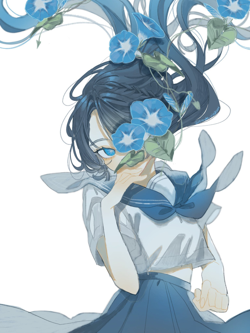 1girl black_hair blue_eyes blue_flower blue_sailor_collar blue_skirt covering_mouth floating_hair flower highres hyuuga_usagorou looking_at_viewer morning_glory original sailor_collar school_uniform serafuku shirt short_sleeves simple_background skirt solo white_background white_shirt