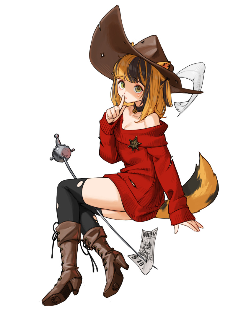 1girl animal_ears bangs bell black_hair black_thighhighs boots brown_footwear brown_headwear cat_ears feathers green_eyes hat_feather high_heel_boots high_heels highres index_finger_raised looking_at_viewer multicolored_hair neck_bell off-shoulder_sweater off_shoulder orange_hair original red_sweater rinotuna simple_background solo sweater sword tail thigh-highs torn_clothes torn_legwear two-tone_hair wanted weapon white_background white_feathers