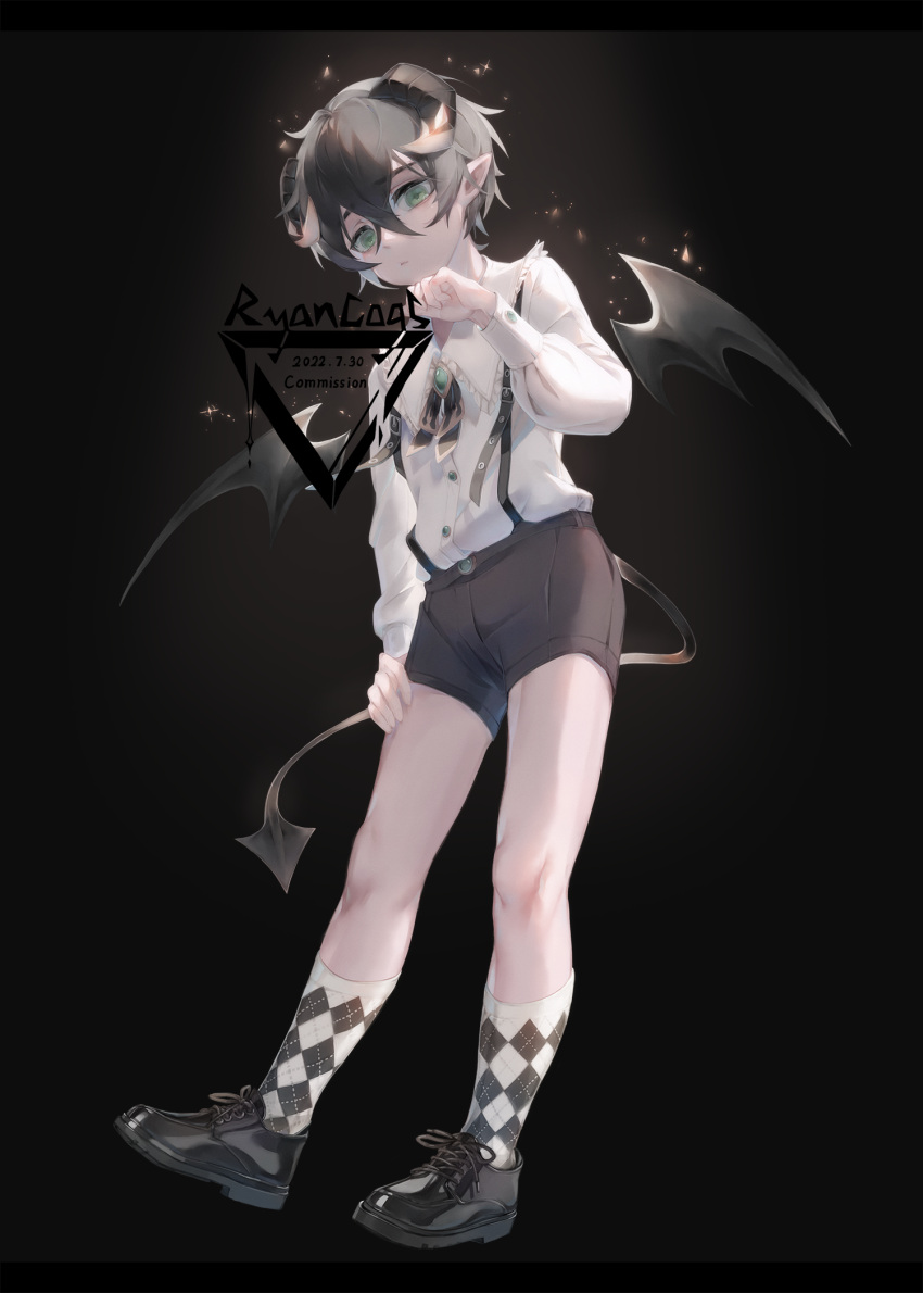 1boy black_hair black_shorts checkered_clothes commission demon_boy demon_horns demon_tail demon_wings full_body green_eyes highres horns loafers male_focus original pointy_ears ryancogs shirt shoes short_hair shorts socks solo suspender_shorts suspenders tail white_shirt wings