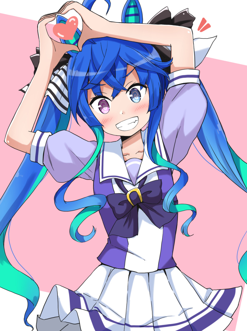 1girl @_@ ahoge aikawa_ryou animal_ears arms_up black_bow blue_eyes blue_hair blue_shirt blush bow commentary_request green_hair grin hair_bow heart heart_hands heterochromia highres horse_ears leaning_to_the_side multicolored_hair notice_lines pink_background pleated_skirt puffy_short_sleeves puffy_sleeves purple_bow school_uniform shirt short_sleeves skirt smile solo tracen_school_uniform twin_turbo_(umamusume) twintails two-tone_background two-tone_hair umamusume violet_eyes white_background white_skirt