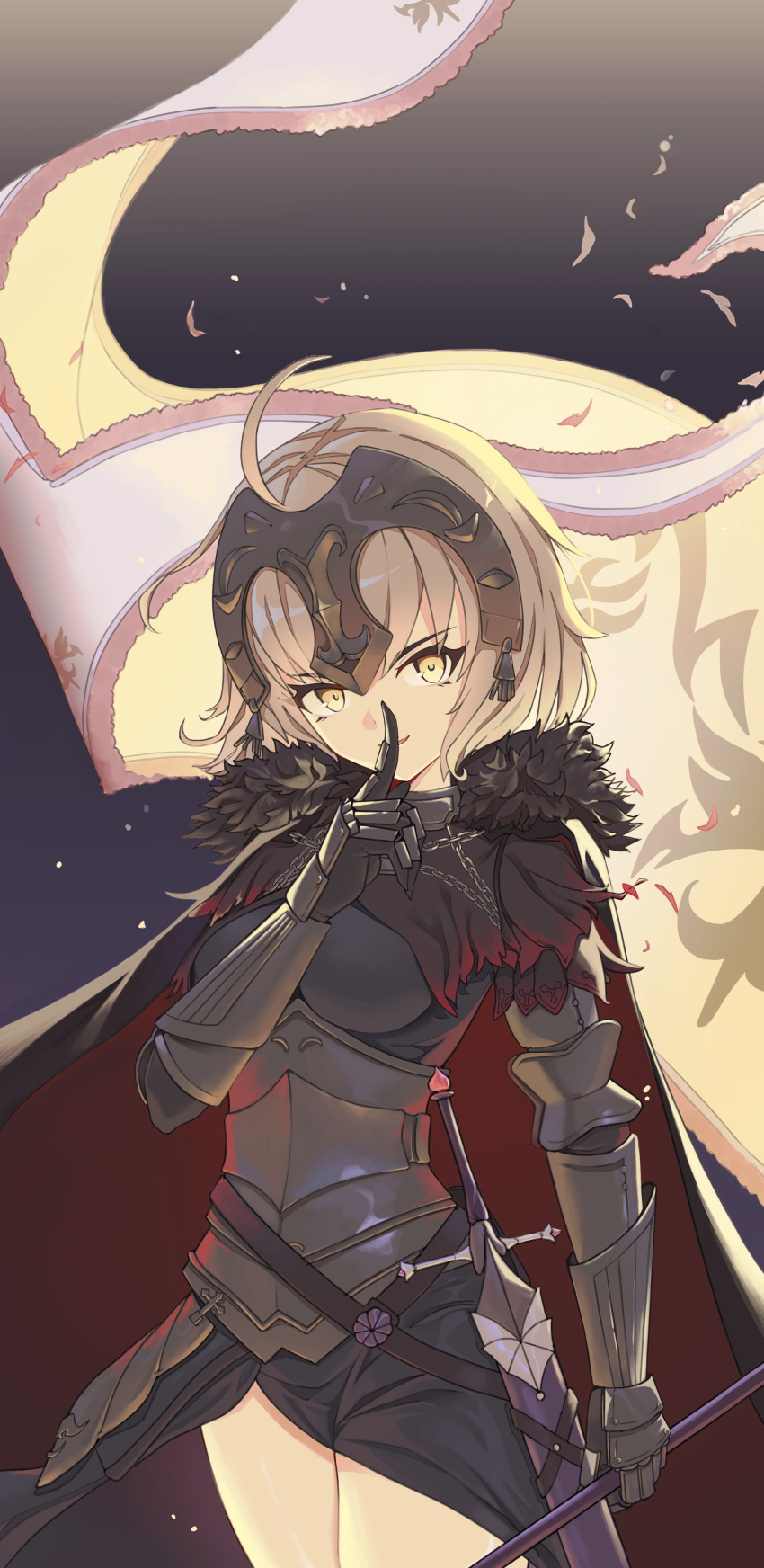 1girl absurdres ahoge armor bangs breasts cloak eyebrows_hidden_by_hair fate/grand_order fate_(series) finger_to_mouth flag grey_hair headpiece highres holding holding_flag holding_weapon jeanne_d'arc_alter_(avenger)_(fate) jeanne_d'arc_alter_(fate) looking_at_viewer short_hair shushing smile solo sword weapon yellow_eyes yozora_(1wkdgusdn)