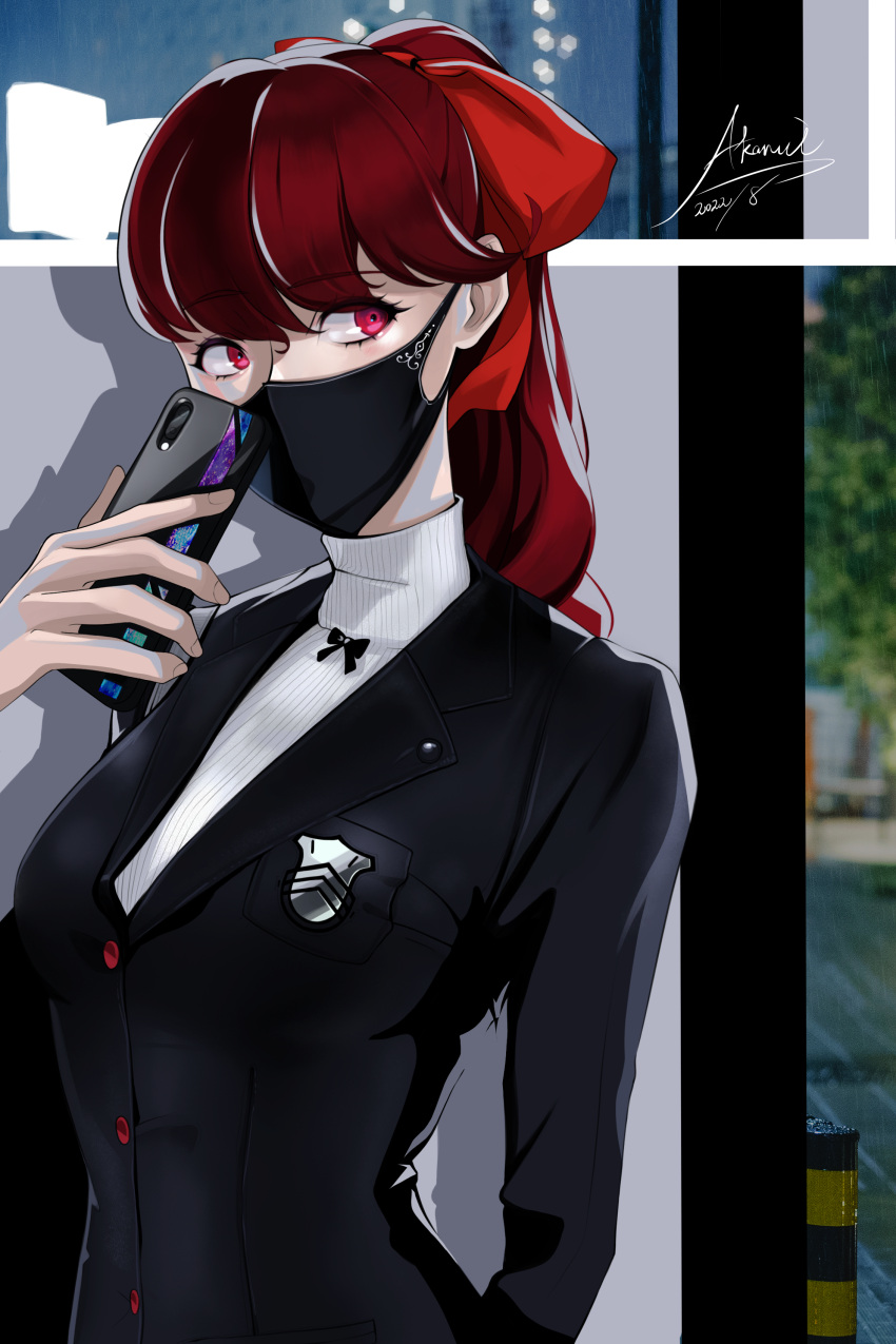 1girl 2022 absurdres akanui arm_behind_back black_jacket black_mask blazer buttons cellphone commentary_request hair_ribbon highres holding holding_phone jacket long_hair looking_away mask mixed-language_commentary mouth_mask persona persona_5 persona_5_the_royal phone ponytail red_eyes red_ribbon redhead ribbed_sweater ribbon school_uniform shuujin_academy_uniform signature solo sweater turtleneck turtleneck_sweater uniform white_sweater yoshizawa_kasumi