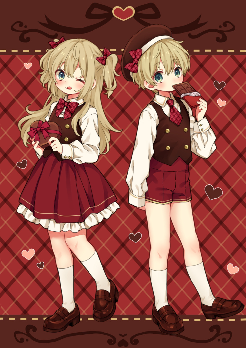 1boy 1girl blonde_hair blue_eyes blush brown_vest chocolate collared_shirt full_body hat heart highres long_hair looking_at_viewer matching_outfit one_eye_closed original red_shorts red_skirt rii_(pixiv11152329) shirt short_hair shorts siblings skirt twins vest white_shirt