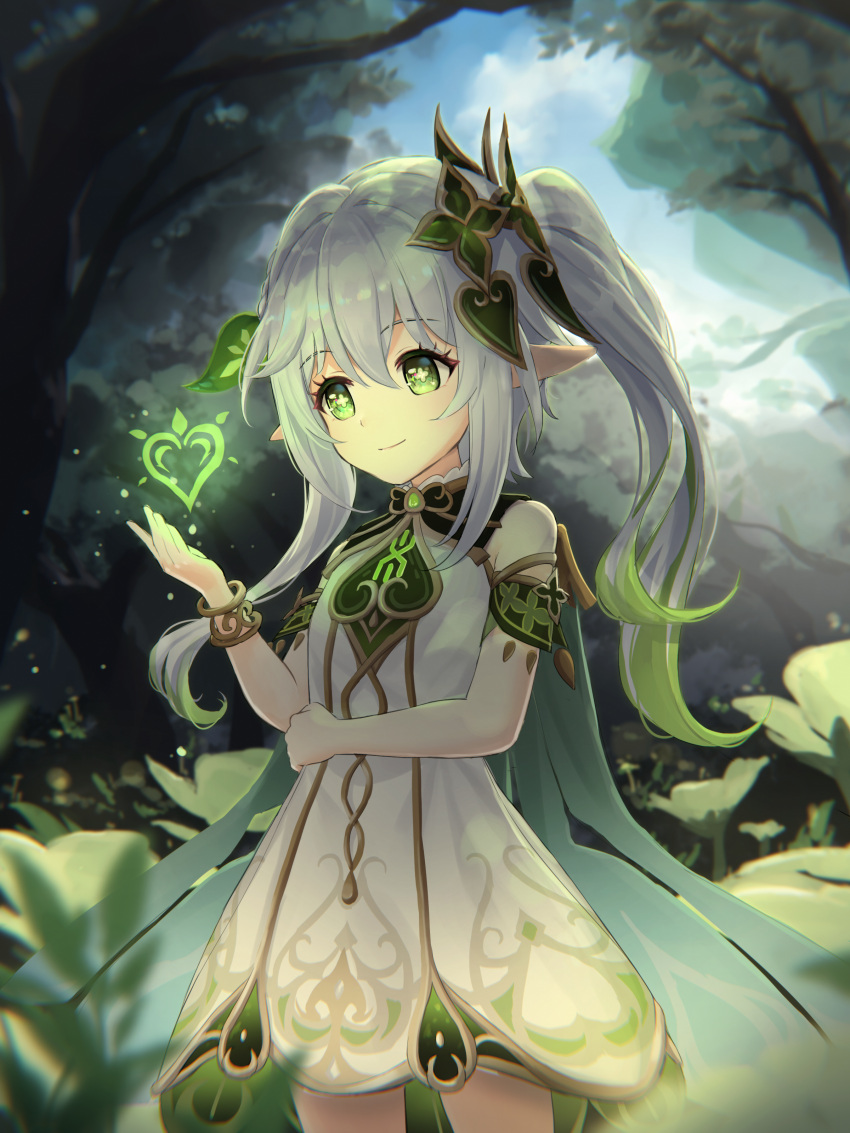 +_+ 1girl absurdres bangs banned_artist blue_hair bracelet commentary cowboy_shot dress forest genshin_impact green_eyes hair_between_eyes highres jewelry light_blue_hair long_hair minust nahida_(genshin_impact) nature outdoors pointy_ears smile solo tree twintails