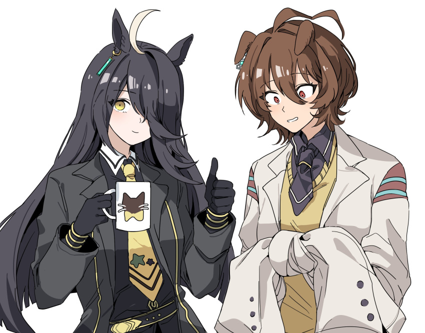 2girls agnes_tachyon_(umamusume) animal_ears bangs belt black_gloves black_hair black_jacket black_necktie black_shirt brown_hair closed_mouth coat collared_shirt cup earrings ears_down gloves hair_over_one_eye hands_up highres holding holding_cup horse_ears jacket jewelry long_hair long_sleeves looking_at_viewer manhattan_cafe_(umamusume) multicolored_hair multiple_girls necktie open_mouth orange_eyes shirt short_necktie short_sleeves simple_background single_earring smile streaked_hair sweater sweater_vest thumbs_up umamusume unneul upper_body white_background yellow_eyes yellow_necktie yellow_sweater