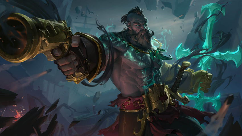 1boy absurdres aura battle battlefield battleship beard belt brown_hair edward_chee_kok_seang facial_hair feet_out_of_frame fingerless_gloves fire gangplank_(league_of_legends) gangplank_the_betrayer gauntlets gloves glowing glowing_eyes glowing_sword glowing_weapon green_eyes gun highres jade_(gemstone) jewelry league_of_legends long_sword looking_at_viewer male_focus manly mature_male military military_vehicle muscular muscular_male necklace no_shirt pants rock ruined_king:_a_league_of_legends_story scar scar_across_eye ship skirt smoke solo sword torn_clothes undercut warship watercraft weapon