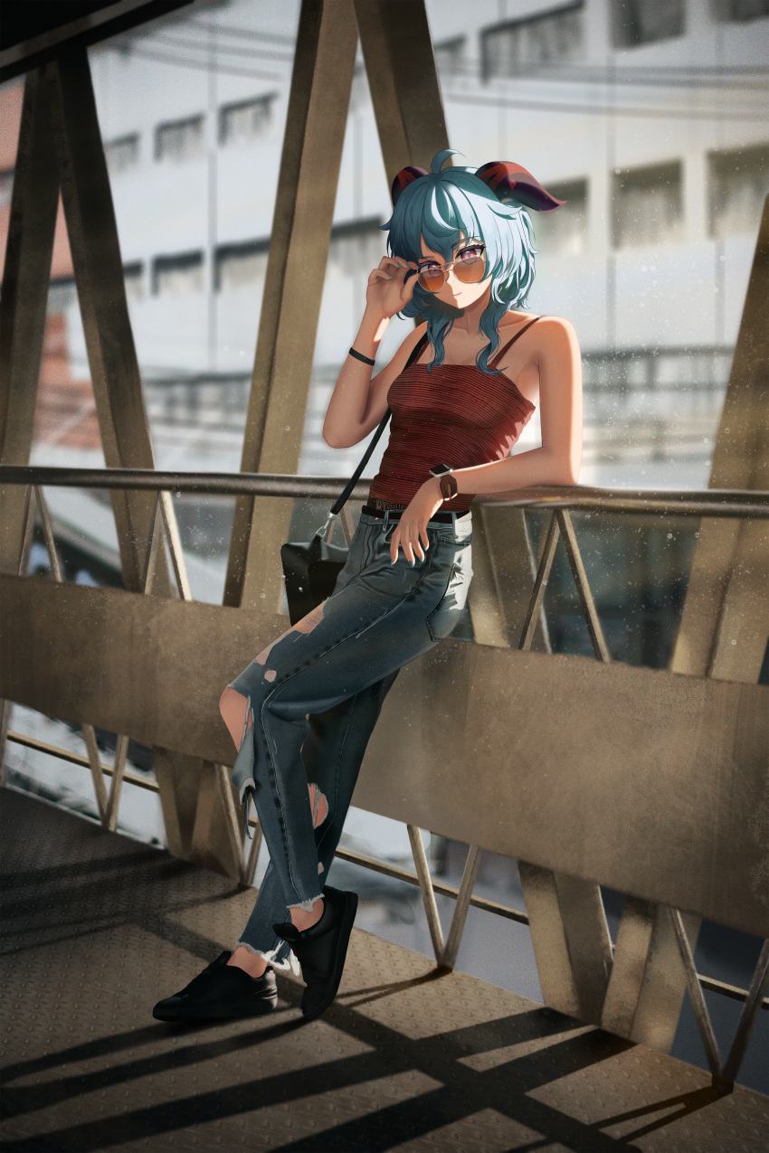 1girl absurdres adjusting_eyewear ahoge bag bangs belt black_belt black_footwear blue_hair blue_pants building casual closed_mouth collarbone contemporary denim full_body ganyu_(genshin_impact) genshin_impact highres horns jeans leaning_back lit_for_20 long_hair looking_at_viewer pants power_lines shadow shoes sidelocks sleeveless smile solo sunglasses torn_clothes torn_jeans torn_pants violet_eyes