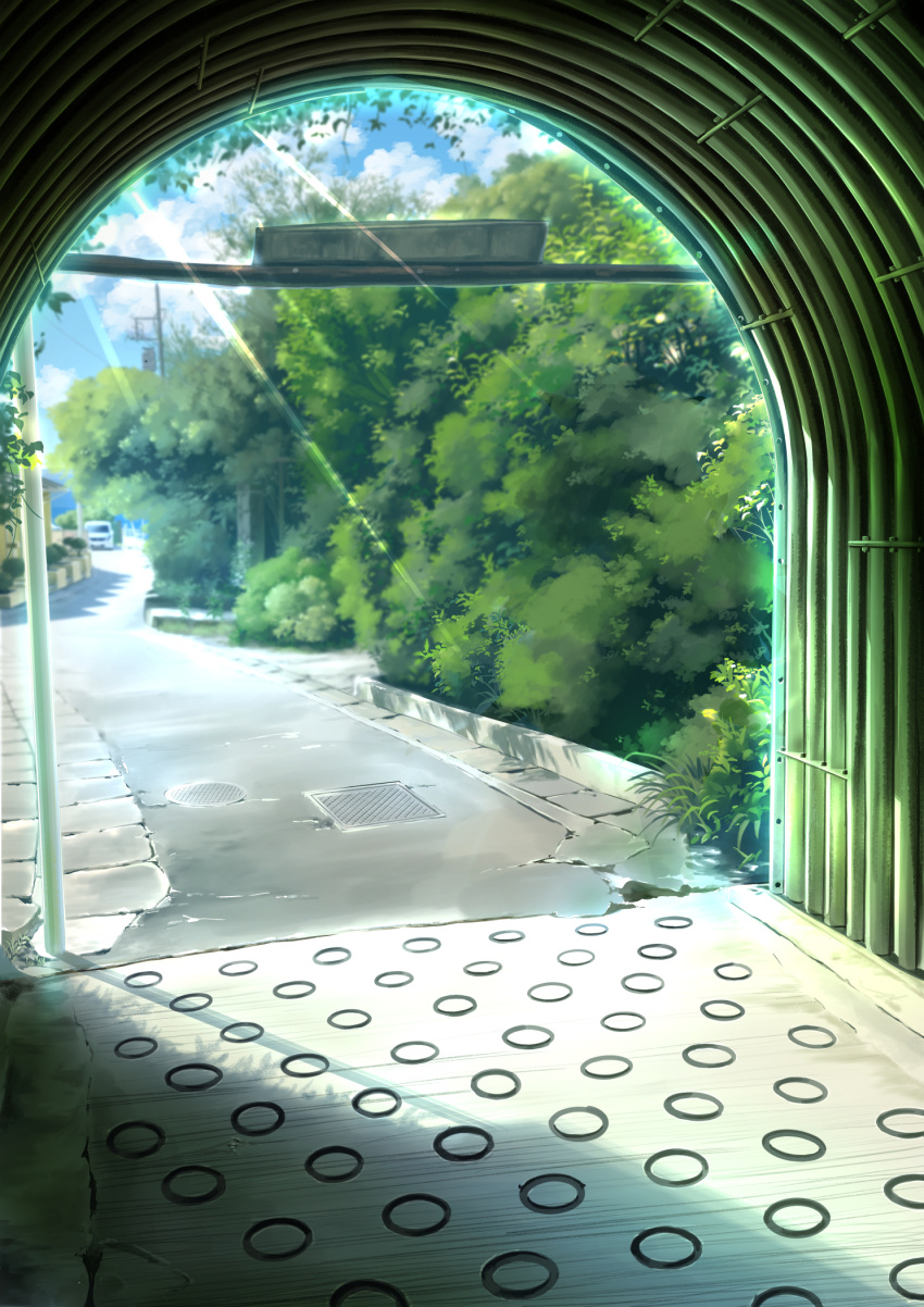 bush car clip_studio_paint_(medium) clouds cloudy_sky commentary_request day farmien0326 ground_vehicle highres manhole motor_vehicle no_humans original road scenery shadow sky street summer tunnel utility_pole