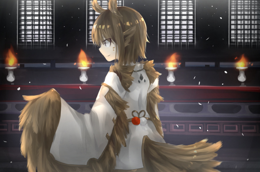 1girl animal_ears bird_ears bird_tail brown_feathers brown_hair brown_wings clothing_request commentary_request facial_mark feather_hair feathered_wings feathers fire flame harpy highres japanese_clothes medium_hair monster_girl original outdoors pippi_(ku_ro_do_zorizo_to) smile snowing solo tail tail_feathers winged_arms wings