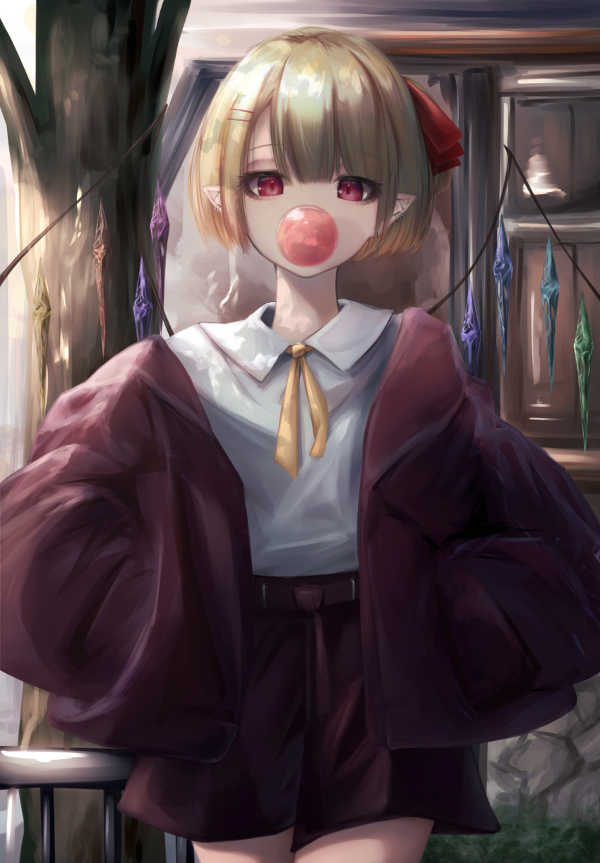1girl alternate_costume alternate_hair_length alternate_hairstyle blonde_hair bubble_blowing casual chewing_gum collared_shirt commentary contemporary cowboy_shot crystal ear_piercing flandre_scarlet hair_ornament hair_ribbon hairclip hands_in_pockets highres jacket long_sleeves looking_at_viewer mizuhichi neck_ribbon no_headwear open_clothes open_jacket piercing pointy_ears railing red_eyes red_jacket red_ribbon red_shorts ribbon shirt short_hair shorts solo touhou tree white_shirt wings yellow_ribbon