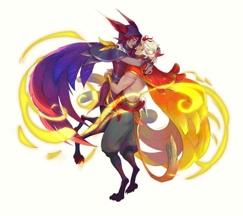 1boy 1girl bangs black_nails cape carrying carrying_person ears_through_headwear eye_contact facial_mark grey_background grey_hair hetero highres hood hood_up hug league_of_legends looking_at_another nail_polish oxiente pants rakan_(league_of_legends) red_cape redhead rope_belt shiny shiny_hair short_hair simple_background smile standing whisker_markings wings xayah