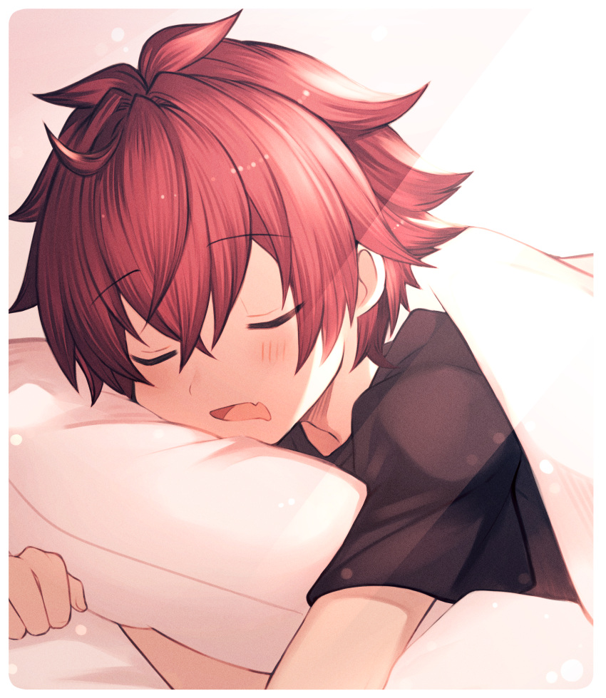 1boy absurdres bed black_shirt blanket blush border child closed_eyes facing_viewer fang highres male_child male_focus memo_haco open_mouth original pillow redhead shirt short_hair short_sleeves skin_fang sleeping snoring solo white_border
