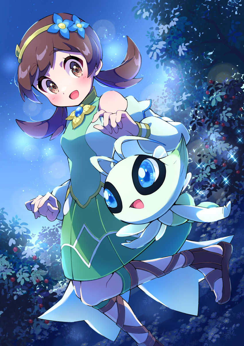 1girl absurdres bare_shoulders blue_eyes blue_flower blush brown_eyes brown_footwear brown_hair celebi clothing_cutout commentary_request detached_sleeves dress eyelashes flower from_below green_dress hair_flower hair_ornament hairband highres leg_up looking_down lyra_(pokemon) night official_alternate_costume open_mouth outdoors pokemon pokemon_(creature) pokemon_(game) pokemon_masters_ex pon_yui sandals shoulder_cutout sky smile sparkle twintails yellow_hairband