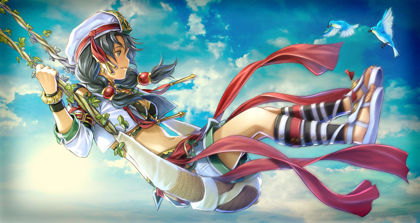 1girl animal bird black_bra black_hair blue_sky bra bracelet clouds cloudy_sky day gladiator_sandals hat highres jewelry looking_at_another mino_tarou open_clothes open_shirt outdoors sandals shoe_soles shorts sky smile soulcalibur soulcalibur_vi swing swinging tagme talim third-party_source toes underwear white_bird white_footwear white_headwear