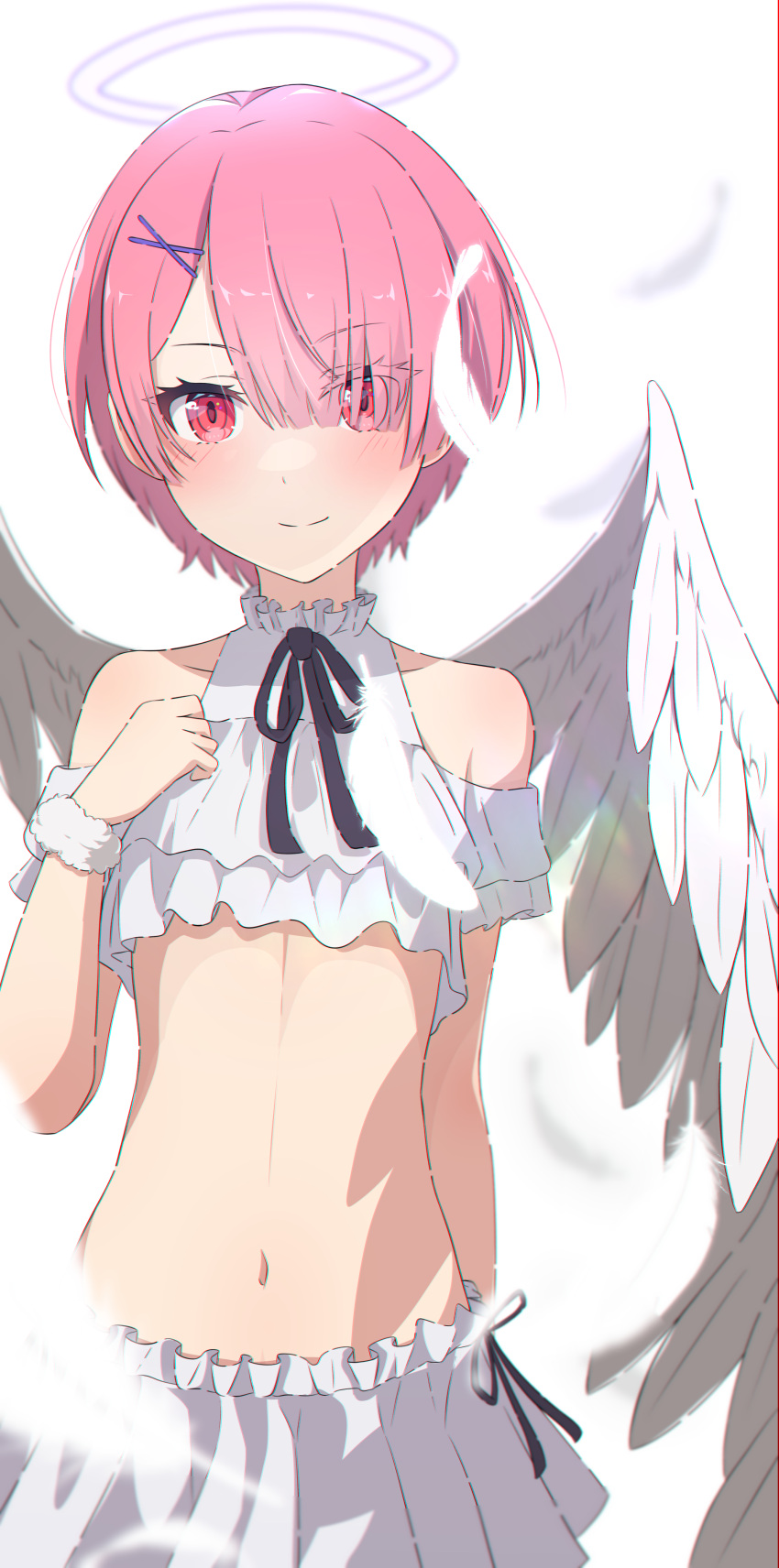1girl absurdres angel angel_wings bangs bare_shoulders blush breasts camui1104 eyes_visible_through_hair feathers hair_ornament hair_over_one_eye hairclip halo highres looking_at_viewer navel pink_hair pleated_skirt ram_(re:zero) re:zero_kara_hajimeru_isekai_seikatsu red_eyes short_hair skirt small_breasts smile solo stomach white_skirt wings wrist_cuffs x_hair_ornament